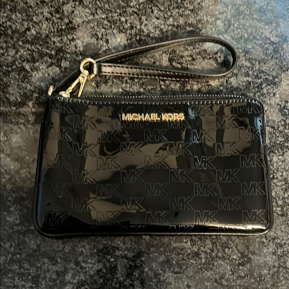 Michael Kors Glossy Black Wristlet with Gold Details *EUC*